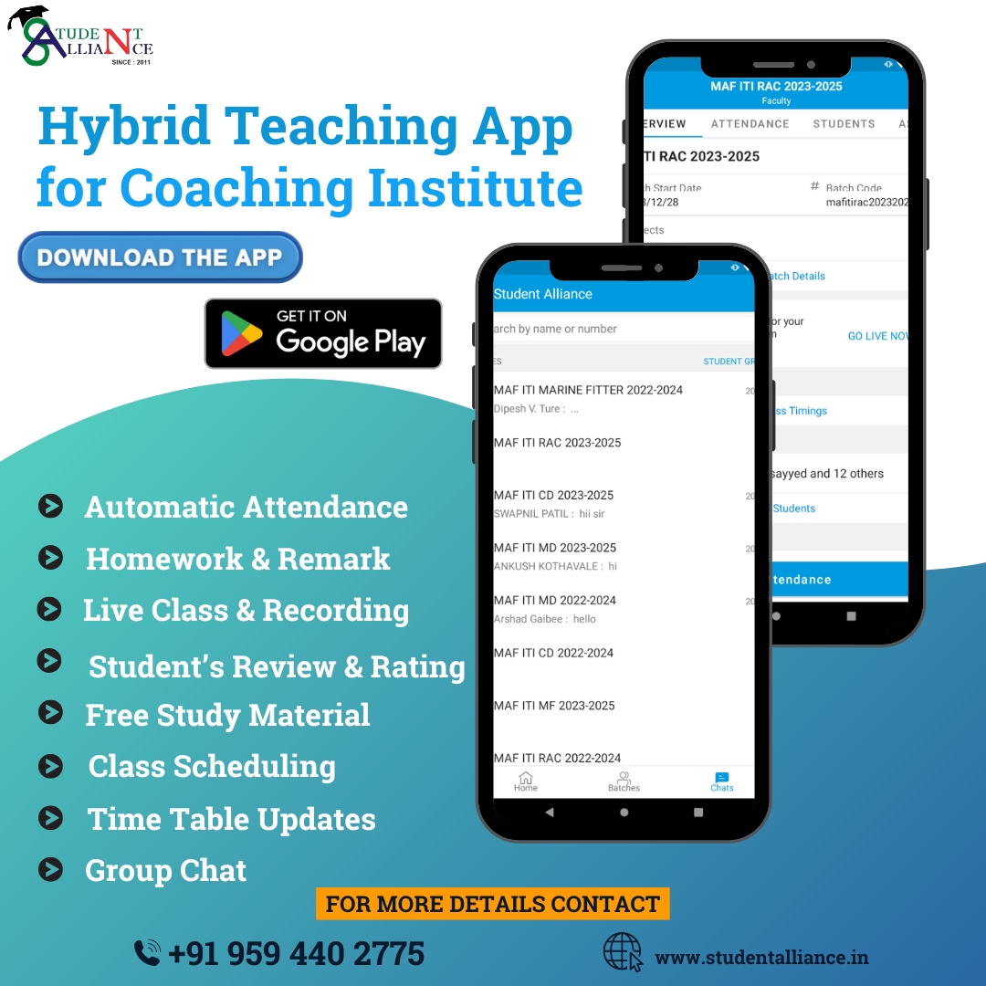 studentaliance's tweet image. Elevate teaching with our Hybrid Teaching App! 📚✨ Revolutionize education with automatic attendance, live classes, and more. Stay organized with class scheduling and group chat. Contact us at +91 959 440 2775. 🚀 #HybridTeaching #EdTech #Coaching #studentallaince