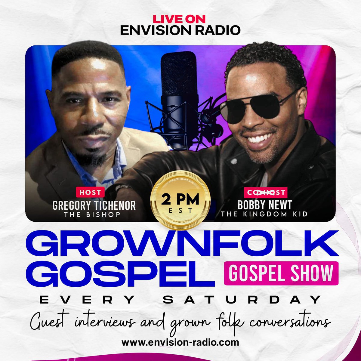 itsbobbynewt's tweet photo. 📻 Exciting news! Join Gregory Tichenor, the Bishop, and Co-host Bobby Newt, the Kingdom Kid, along with special guest SUPER PRODUCER and songwriter Dirk Pate on the GROWNFOLK GOSPEL RADIO SHOW every Saturday at 2pm EST on Envision-radio. https://t.co/HD5Z2bl3Jn