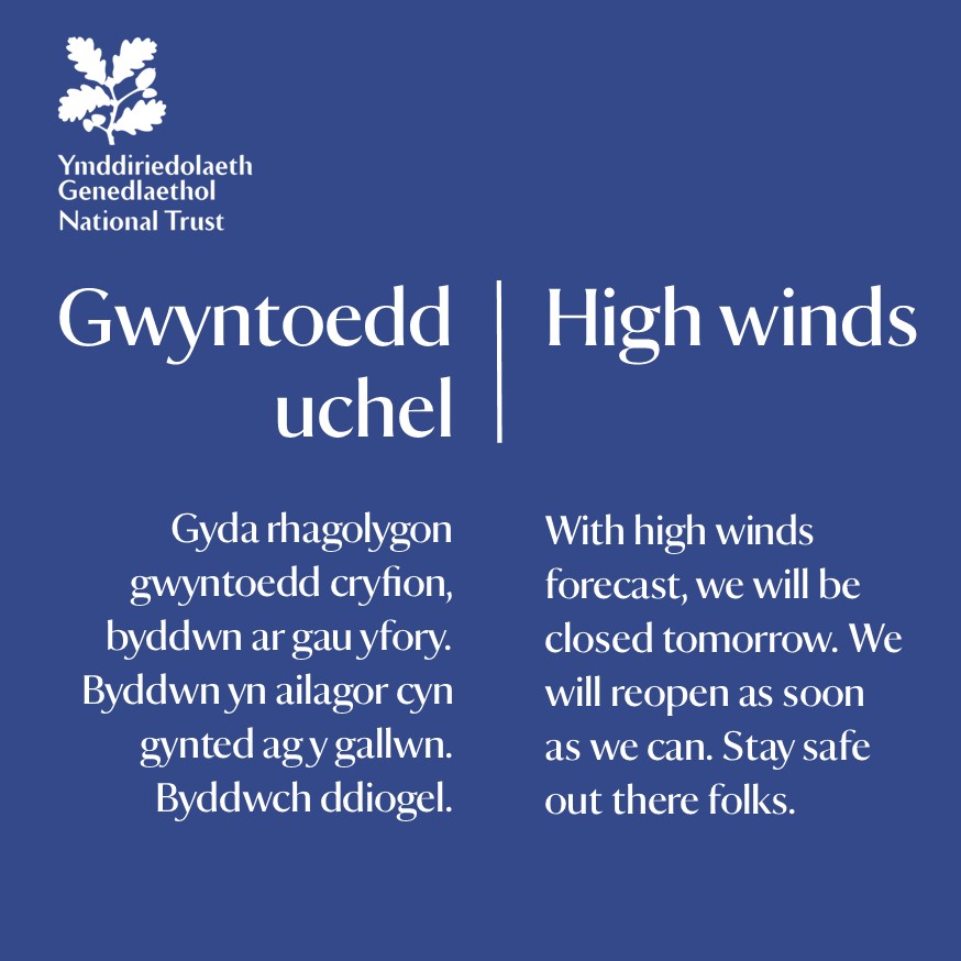 Gyda rhagolygon gwyntoedd cryfion, byddwn ar gau yfory, 21 Ionawr. Byddwn yn ailagor cyn gynted ag y gallwn. bit.ly/42iOenq