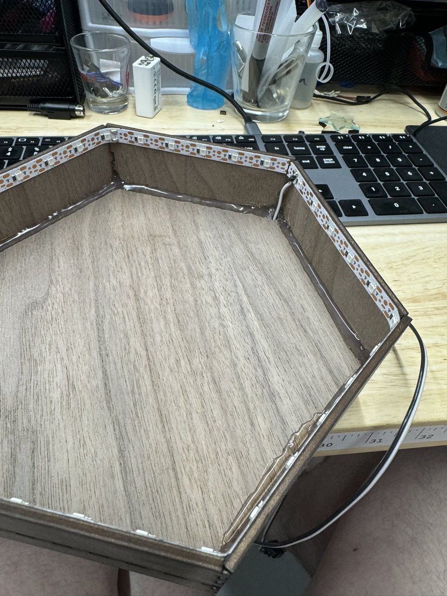 TinkeringTanuki's tweet photo. Gf got me some uv reactive dice and it gave me an idea for a dice box. Next step is to add a sensor so the the light only comes on when it detects a roll https://t.co/dgdJMdJ8YX