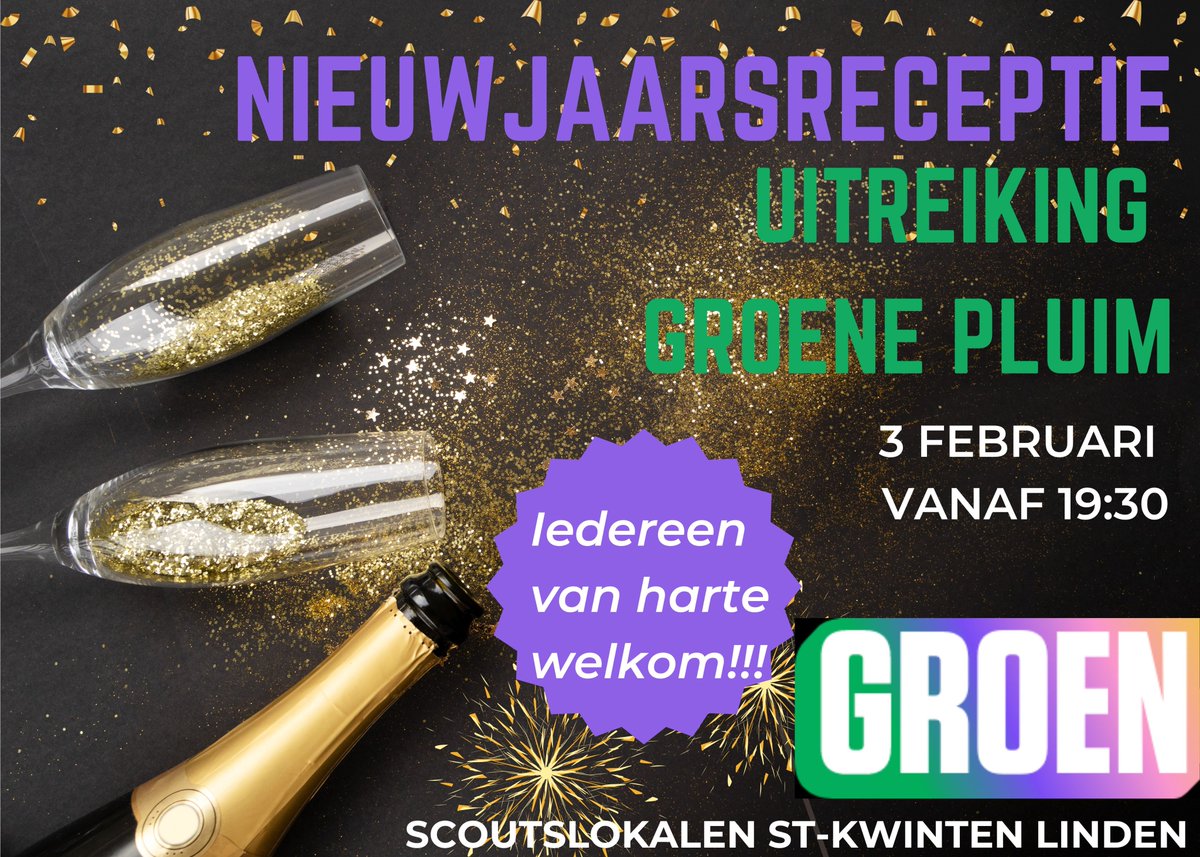 GroenLubbeek's tweet photo. Kom mee een glas drinken op 2024, en ontdek wie de Groene Pluim 2024 wint! https://t.co/ZbiMaAx8RG