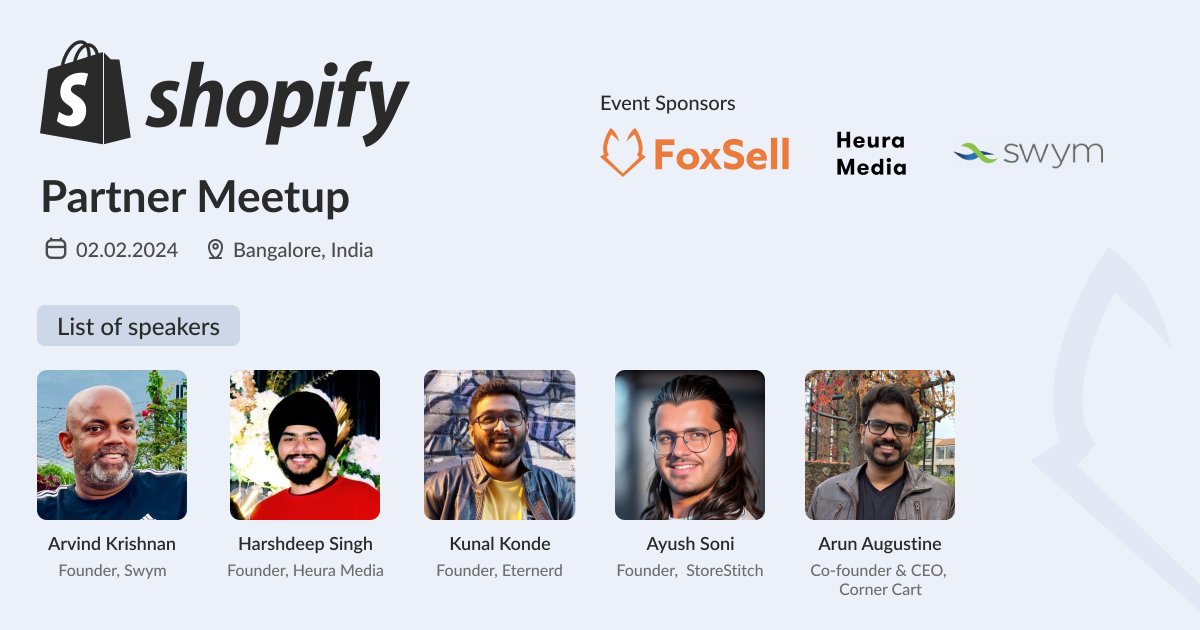 Update: Bangalore Shopify Partner Meetup 🌟

Emails sent ✅ Let me know if anyone hasn't and I'll DM the details to you.

Excited with the list of speakers that we have lined up! 🤩 We will be recording the event and sharing it on Twitter for those who won't be able to attend the