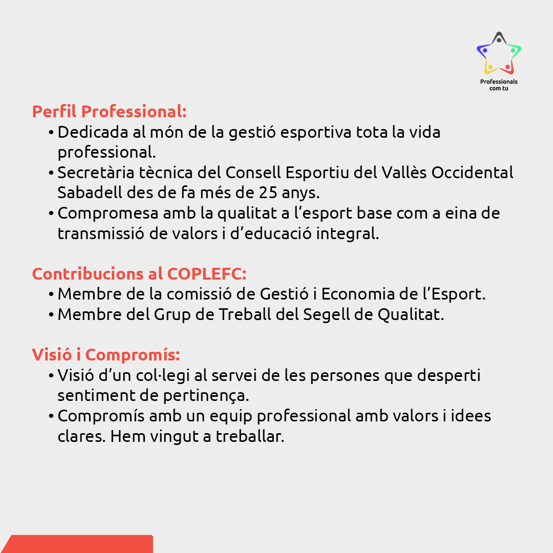 📢 Avui presentem la Sònia Rallo, serà la nostra Secretària. Més de 25 anys d'experiència en gestió esportiva, apasionada de la qualitat en l'esport base.

👥 Estigues atent per conèixer més membres destacats del nostre equip!

#ProfessionalsComTu #COPLEFC2024 #SoniaRallo 🗳️💪✨