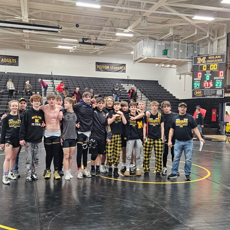 A Big Congratulations goes out to the Milan Wrestlers and their coaches on today's 4 way team victory. Today's win caps off a 20-0 undefeated season for the Indians, the first in School history. Great job everyone and Goodluck in the sectional next weekend at SD. #weRmilan