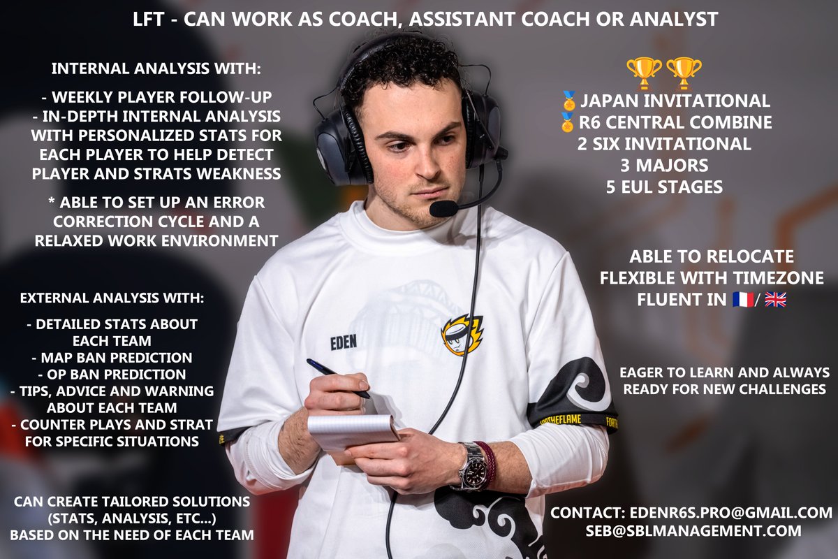 Officially LFT and open to offers

-2 years of experience at the highest level + international events
-T1 focused
-Can relocate or work in any timezone
-Fluent in 🇫🇷/🇬🇧
-Recommendation letters from <a href="/Nafe_R6/">DZ Nafe</a> <a href="/SolotovR6/">Solotov</a> <a href="/JULIOAKAJULIO1/">Falcon JULIOAKAJULIO</a> 

DM me for full CV, portfolio and more infos