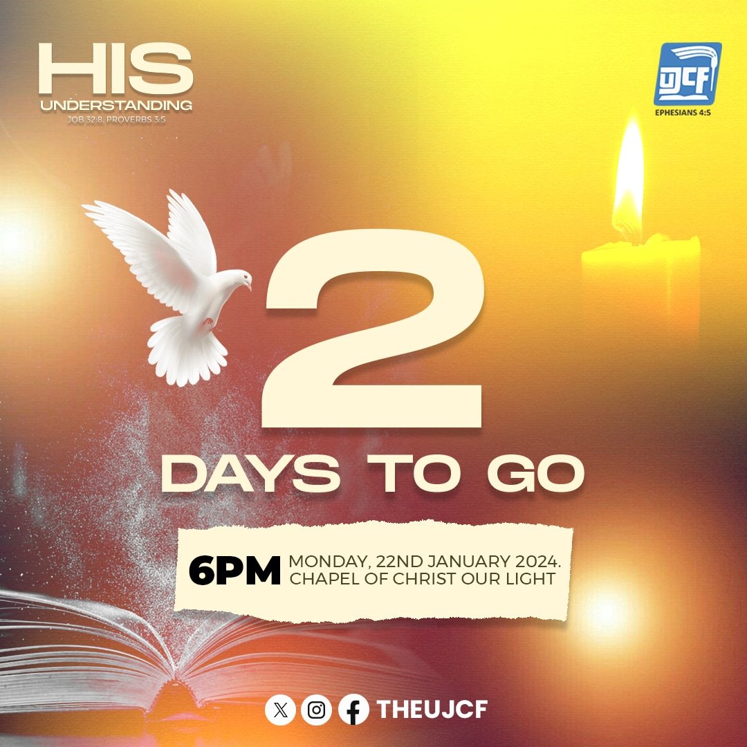 TheUjcf's tweet photo. 2⃣ DAYS TO SOLEMN ASSEMBLY 🥳🥳

Solemn Assembly is two days away. We anticipate the outpouring of the Lord. 
The Lord is ready to teach us His Understanding✨🔥

Join us:
🗓️: Monday, 22nd of January, 2024
🕕: 6pm
⛪: Chapel Auditorium

God bless you as you come🙏

©️UJCF
#TCC https://t.co/ku4nulLeaK