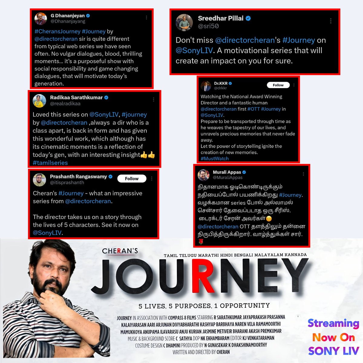 #Journey ✨
A must watch web series👍
Good reviews everywhere👏

Don't miss it💥

#CheransJourney 
Streaming Now On @SonyLIV

@directorcheran @eka_dop @CSathyaOfficial @realsarathkumar @prasanna_actor @Aariarujunan @divyabarti2801 @kalaiactor @YoursKashyap #Jayaprakash @onlynikil