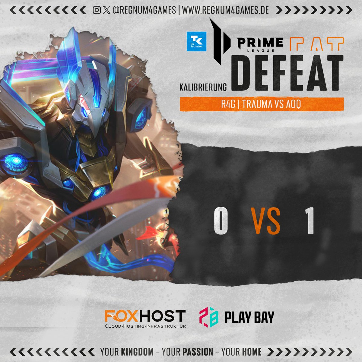 regnum4games's tweet photo. 👑#TKPRM KALICUP👑

Viertes Spiel - erste Niederlage! Meine Güte war das eine Leistung von Azir von #AOQ - dem konnte unser Team #Trauma einfach nichts entgegensetzen.

Gleich geht es in Spiel 5. der Kalibrierung der @PrimeLeague! Also: Einschalten!

#getcrowned | #r4g | #primeleague
