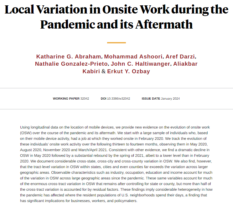 Analyzing enormous local variation in intensity of on-site work during the pandemic and its aftermath, from @kgahome, Mohammad Ashoori, Aref Darzi, Nathalie Gonzalez-Prieto, @JHaltiwanger_UM, Aliakbar Kabiri, and Erkut Y. Ozbay nber.org/papers/w32042