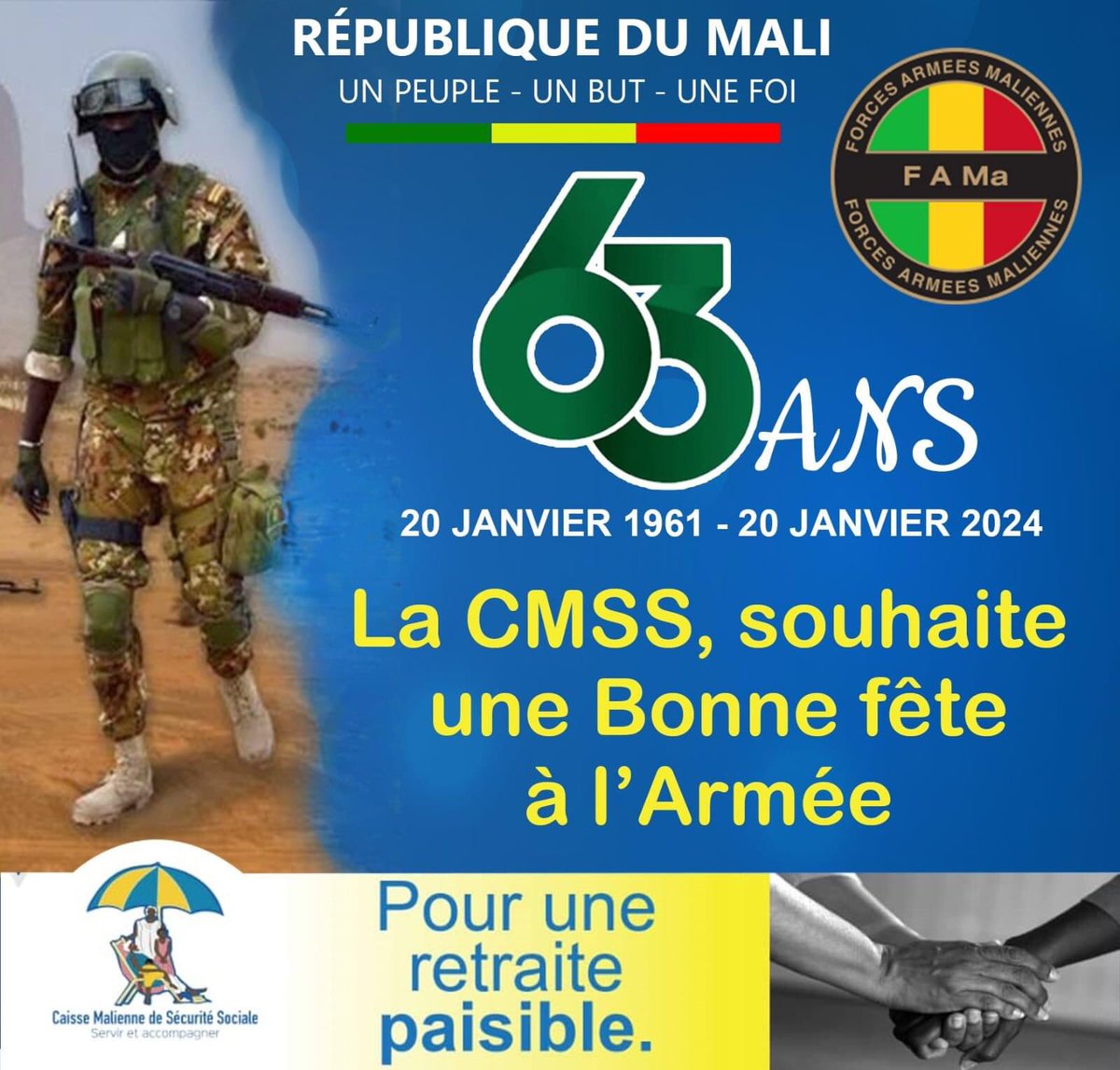 A l'occasion de la fête de l'Armée malienne, le Directeur Général de la CMSS, Ichaka KONE souhaite une bonne fête à toutes les Forces de défense de la Patrie.
#CMSS
#Servir_et_Accompagner
#20Janvier2024
#FAMa