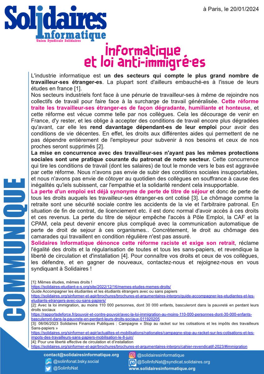 SolInfoNat's tweet photo. 🔴Informatique et loi anti-immigré-es

Solidaires Informatique exige le retrait de la loi Darmanin, raciste et anti-immigration, et appelle à rejoindre les manifestations et rassemblement du 21 Janvier.

https://t.co/WxGqC4a5DO https://t.co/M48J7fFGqy