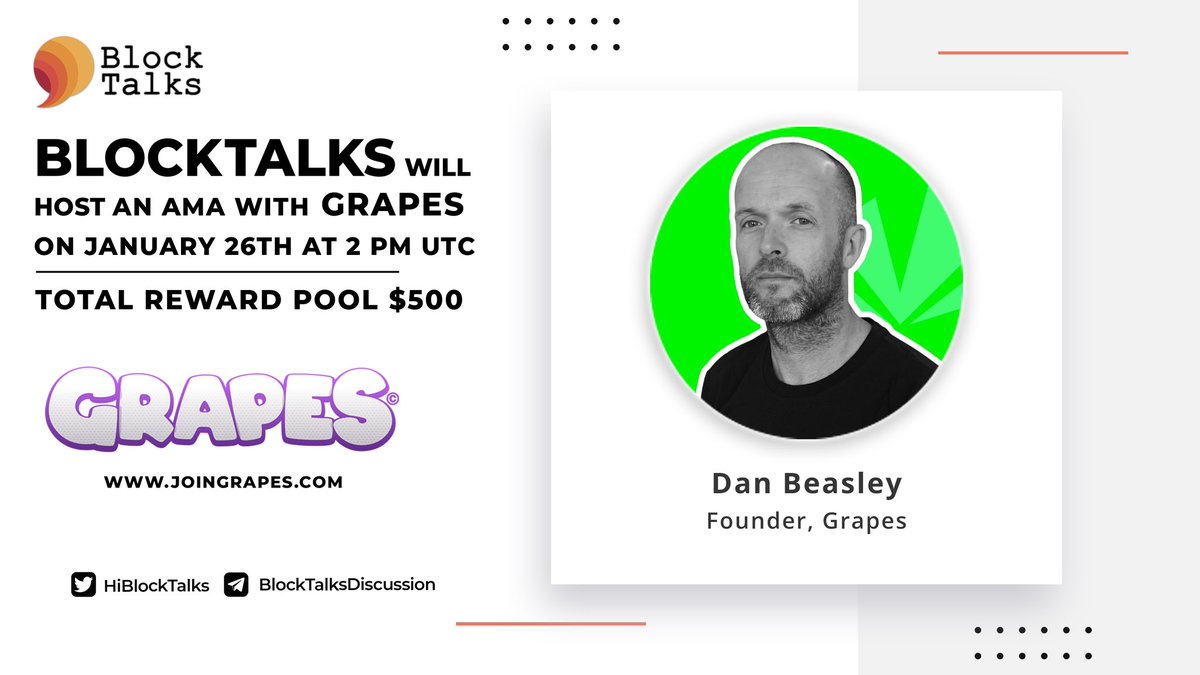 fourtisann's tweet photo. Hey Folks 🎉

BlockTalks will hold an AMA with @JoinGrapes on January 26th at 2 PM UTC in BlockTalksDiscussion 💬

Follow :
@HiBlockTalks
@JoinGrapes 

Like, Retweet &amp; comment your question below. (Please don't tag anyone in your question) https://t.co/33UtJyRYuz