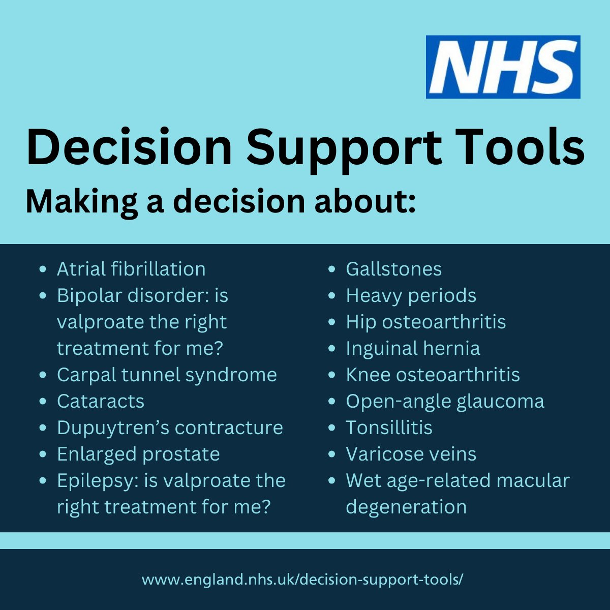 .@NHSEngland has published five more decision support tools to assist clinicians and patients to hold a shared decision-making conversation to explain treatment, care and support to help consider what matters most to the person. #PersonalisedCare #teamCNO england.nhs.uk/decision-suppo…