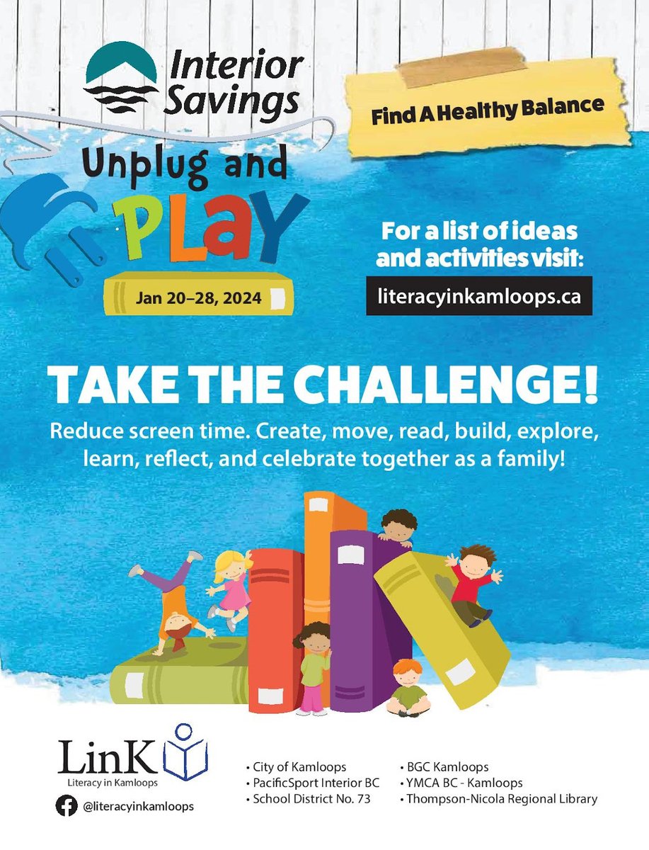 Kamloops_SD73's tweet photo. During Kamloops Interior Savings Unplug and Play Family Literacy Week, you are invited to create, move, read, build, explore, learn, reflect, and celebrate together as a family! Visit their page for more information.
https://t.co/xImrE1T6qG https://t.co/Q43K1zG5h4