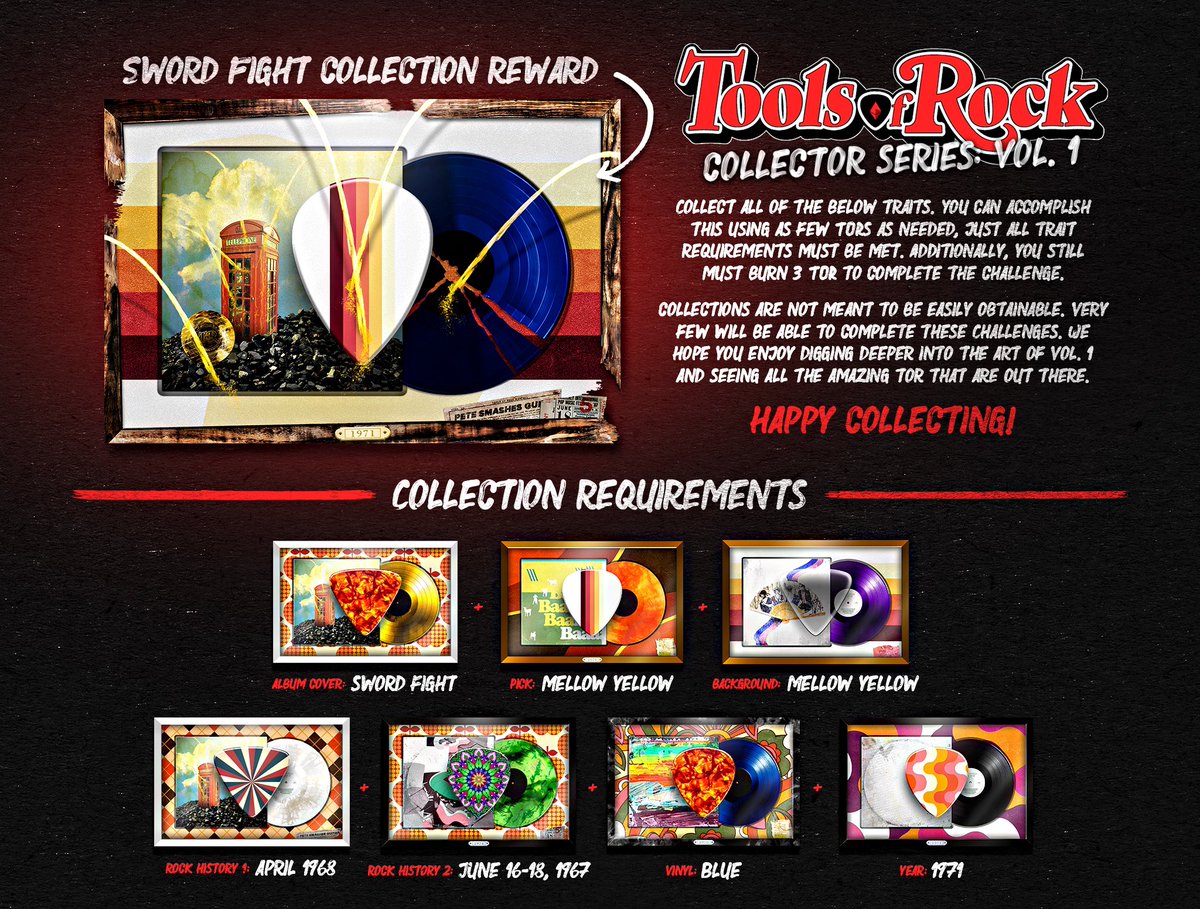 ToolsOfRockNFT's tweet photo. Introducing our Twentieth Tools of Rock Vol 1 Special Collection "Sword Fight” inspired by The Who Who’s Next album.

Collect all of the below traits to claim the reward. https://t.co/6hINtR0VYf