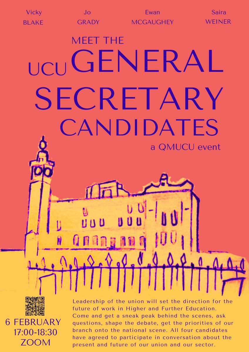 qm_ucu's tweet image. Excited to get to meet all four candidates for General Secretary and learn what their plans are on issues that matter to our members.

6 February, 5-7:30pm
Join us and @zenscara @DrJoGrady @ewan_mg  and @RedSazzler!  eventbrite.co.uk/e/qmucu-meet-t…