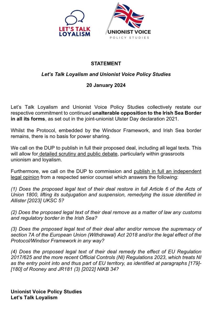 TalkLoyalism's tweet image. ⬛️ LTL🤝UVPS⬛️

Let’s Talk Loyalism and Unionist Voice Policy Studies release joint letter calling for DUP transparency and legal publication.

“Whilst the Protocol, embedded by the Windsor Framework, and Irish Sea border remains, there is no basis for power sharing.”