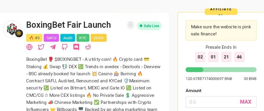 BoxingBetpro's tweet photo. $BOXINGBET 🔶

$BOXINGBET Public Sale Live On Pinksale. Safu Project Because Boxingbet Have 4 Badges Safu + Audit + Kyc & Doxx. Very Experienced Based Dev. Soft Cap 30BNB & Team Filled +120BNB. Get Ready To Experience An Immersion In The World Of Entertainment Linked To Blockchain, Our Application Is Already In The Final Stages Of Completion And You Can Win Several Prizes Soon. 

-Badges ✅✅✅✅
-Global Marketing
-Tax 5/5
-Farming 
-Staking 
-NFTs
-Gifts

⚪️ Pinksale link :
 https://t.co/saOOGzArQW

✅TG: https://t.co/2UPdjQCyTo
🚀X/Twitter: https://t.co/xgTFSqxe8F
✅Website: https://t.co/cOPuhtDtEU

#RAID #CryptoNews #DeFi #Elon_Musk #CryptoCommunity #BNB #BTC即将掀起第二波热潮
