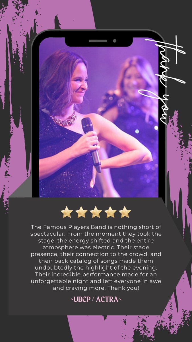 Thanks to <a href="/UBCP_ACTRA/">UBCP/ACTRA</a> for this incredible #5star review! We loved playing for your awards event, and we can’t wait to see you all again 🪩

“The Famous Players Band is nothing short of spectacular. From the moment they took the stage…” See image for the entire testimonial!