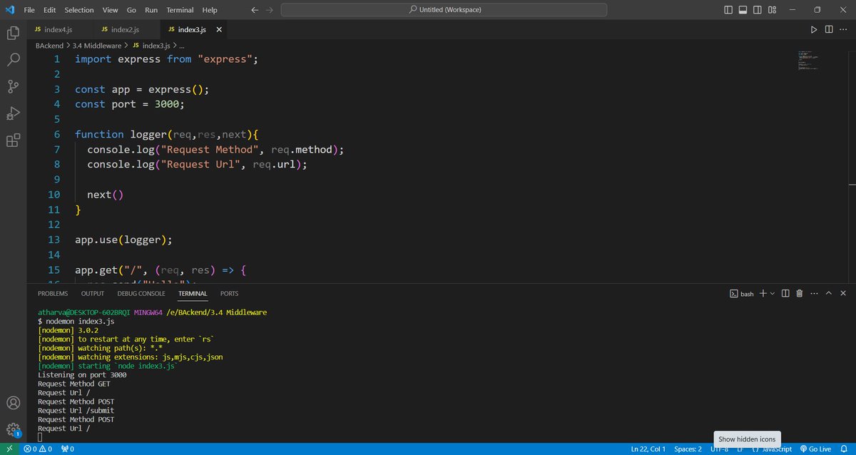 AWebwiz43143's tweet image. #100DaysOfCode #webdevelopment #challenge 
Day 14 :  
Express.js with Node.js 
Intro to Middleware 
Custom Middleware
DIY Middleware
Logging Request
Project: Band Name Generator:
 #codinglife #CodingJourney #coding #technology #javascript #typescript #mongodb

@udemy

@yu_angela