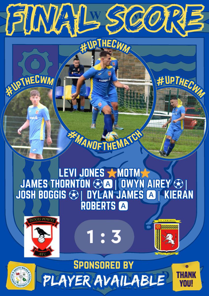 Final result 3-1 today away to <a href="/DinasPowysFc1/">Dinas Powys FC</a> . Credit to the hosts, made it difficult for us today a number of times! 🤝

<a href="/LeviJon95094789/">Levi Jones</a> MOTM ⭐️

Our scorers:
<a href="/joshboggis98/">Josh Boggis</a> ⚽️
<a href="/James_thornton1/">James Thornton</a> ⚽️
<a href="/owynairey4/">owynairey4</a> ⚽️

#UpTheCwm 🔵🟡