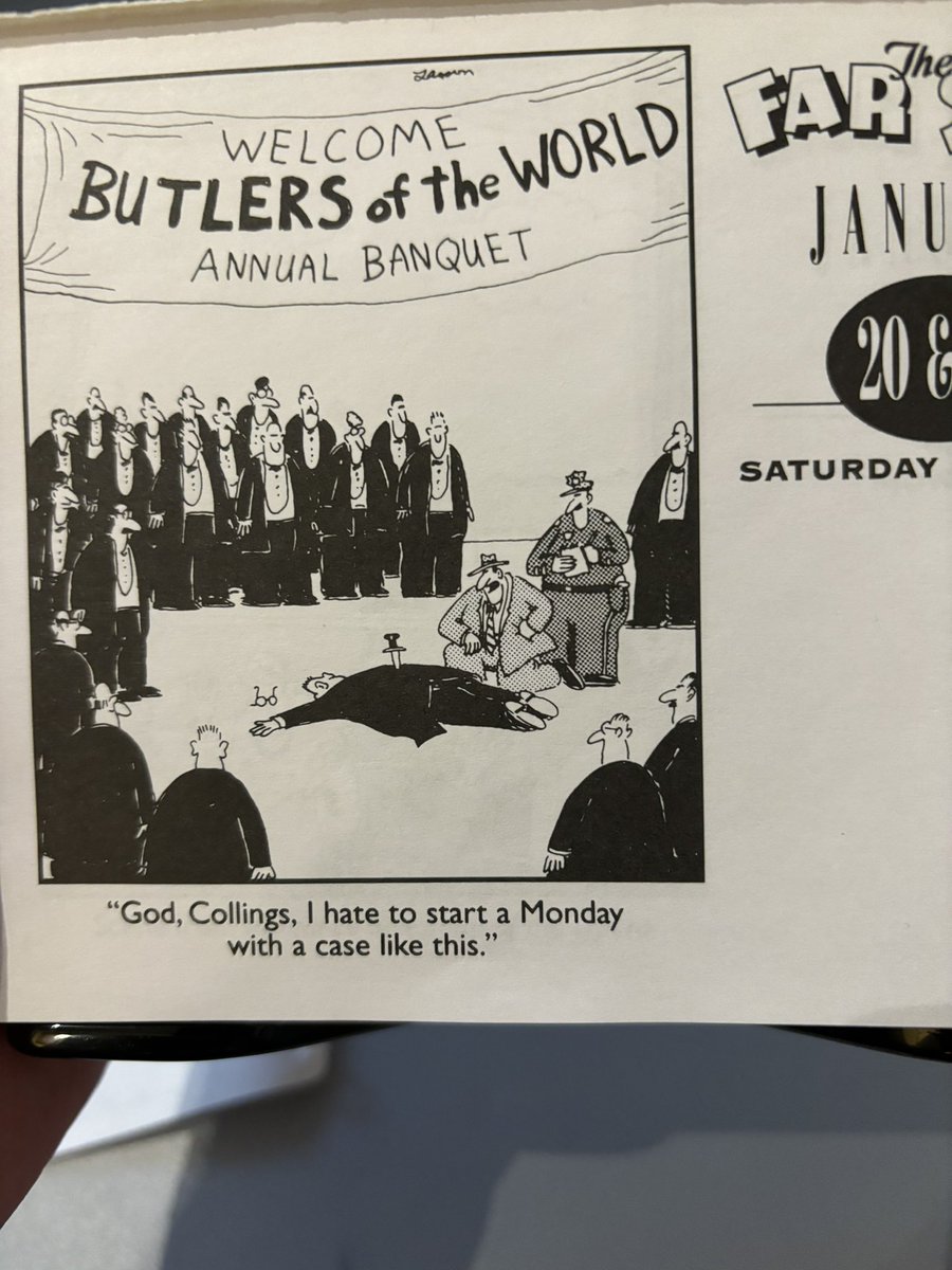 SmuggReport's tweet photo. So, @AndrewsMcMeel, at least admit that somebody new inherited the #FarSide calendar editorial gig this year.   Not only are Sat and Sun on a single page, but simple decisions like this panel not falling on a Monday point to an editor with no love in their heart for Gary Larson. https://t.co/pVYFScc4Fe