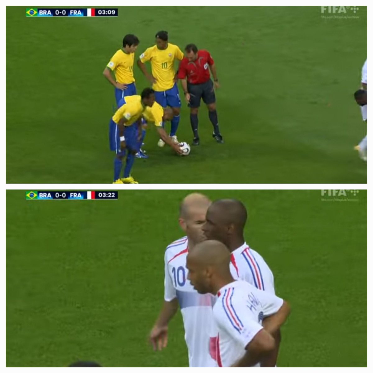pachingo9's tweet photo. Estaba viendo los cuartos de final del Mundial 2006 Brasil vs Francia, a los 3 minutos tiro libre, quieren patear Ronaldinho, Roberto Carlos, Juninho Permanbucano en la barrera estan Zidane, Henry y Viera, que tiempos aquellos, el futbol ahora no es la mitad de lo que era 😕 https://t.co/fG5hIoIwHR