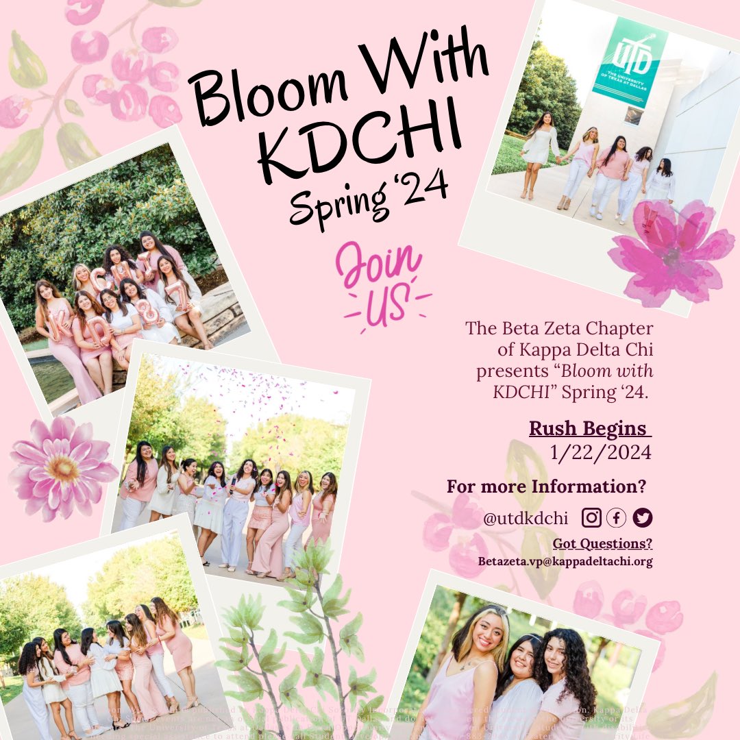 UTDKDChi's tweet photo. -`♡´- BLOOM with KDCHI -`♡´-

Join us for SPRING ‘ 24 RUSH!! We’re inviting you out for a wonderful time at our Rush Events starting on January 22 💐 Get to know us &amp; find out if KDChi can be your home away from home! 🫶🏼

🌼 Interested? LINK IN BIO! 🌼

#UTD #Sisterhood #Greeks https://t.co/J3xlRevEON
