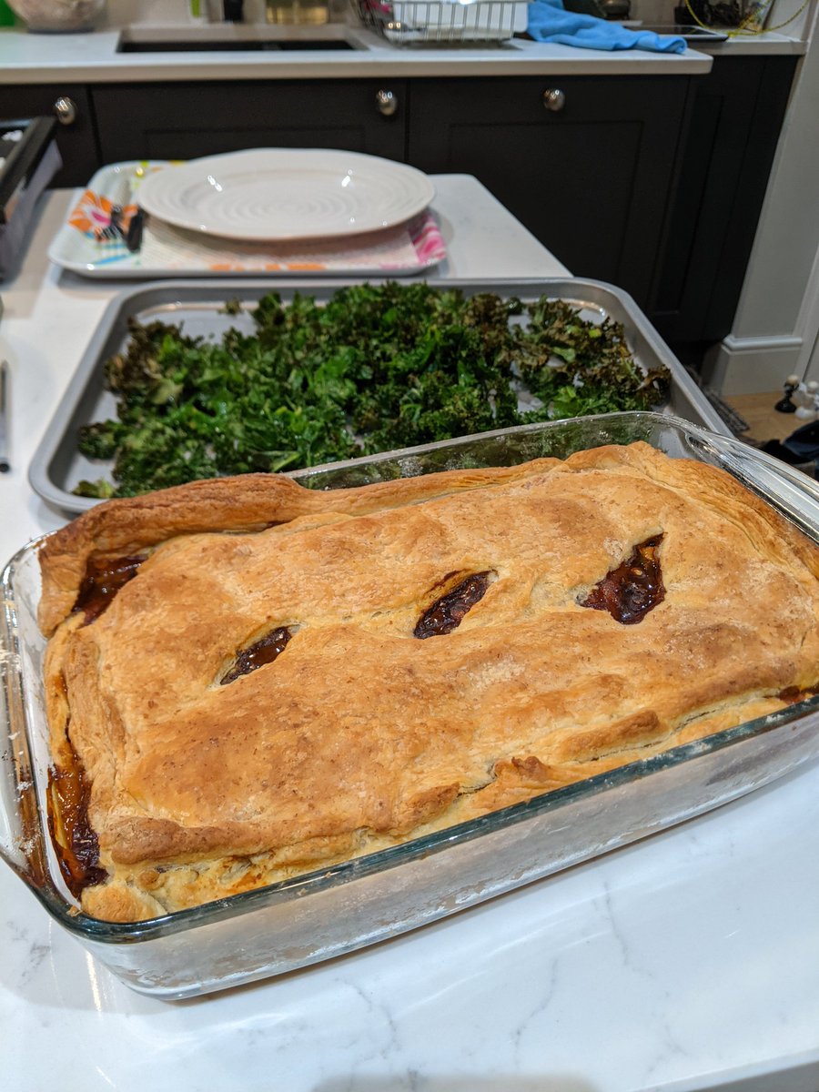 Made a beast of a pie 😍 mushroom and lentil pie with sweet potato mash, roasted kale, broccoli and carrots #vegan
