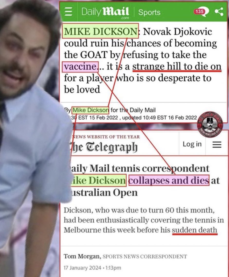 I chased this down and it's 100% true. 

Mike Dickson, a big pharma journalist who heckled Djokovic and tried to railroad his career for his refusal to take the Covid Vaccines suddenly collapsed and died at the Australian Open.