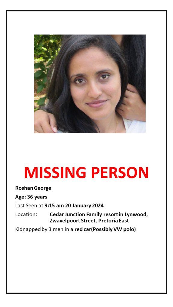 Abramjee's tweet photo. A Pretoria Radiologist, Dr Roshan George, is still missing after being kidnapped east of the city earlier today. 

#CrimeWatch https://t.co/tk3N2HTjj1