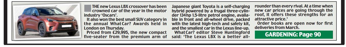 raymasseytweets's tweet photo. New #Lexus #LBX #hybrid from under £30k named car of the year in @whatcar #motoring 'Oscars'.
@LexusUK @Lexus #Lexux #WhatCarAwards @motoreasy @PerformanceComs @swhuntingford @Andy_Francis 
#Lexus named most reliable brand.
@Toyota @ToyotaUK #Corolla best #estate &amp; #family car. https://t.co/Yq03KOdqvH