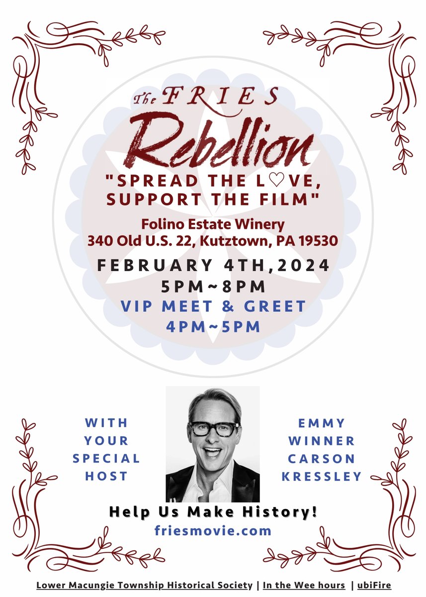 Join us on FEBRUARY 4TH at <a href="/FolinoEstate/">Folino Estate</a> to meet Emmy Award Winner <a href="/CarsonKressley/">Carson Kressley</a> along with #ubiFire and <a href="/intheweehours/">In the Wee hours</a> to learn more about our upcoming film #TheFriesRebellion🎬

RESERVE YOUR SEAT NOW AT: friesmovie.com

***Early bird tickets for a limited time only!