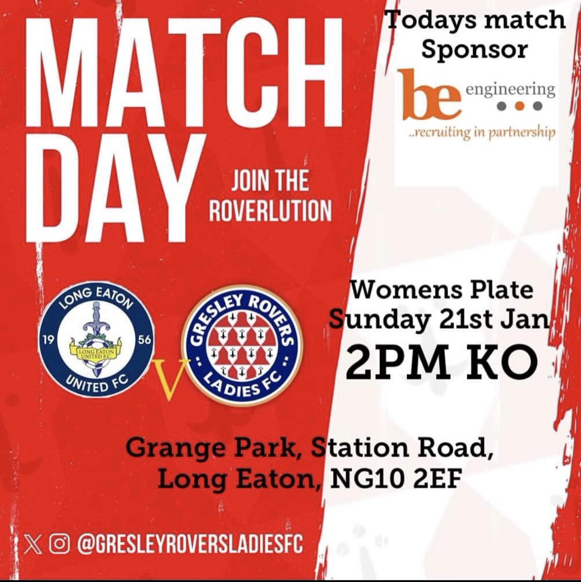 Good luck to our @GresleyLadies tomorrow as they travel to face long Eaton no plans for Sunday then why not show your support 🔴⚪️🔴