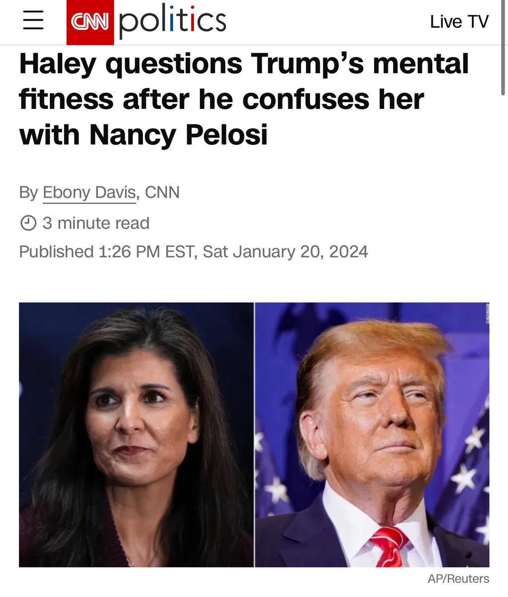 Nikki Haley questions Donald Trump’s mental fitness after he appeared to confuse her with former House Speaker Nancy Pelosi when talking about the January 6, 2021, attack on the US Capitol. Read my latest: cnn.com/2024/01/20/pol…