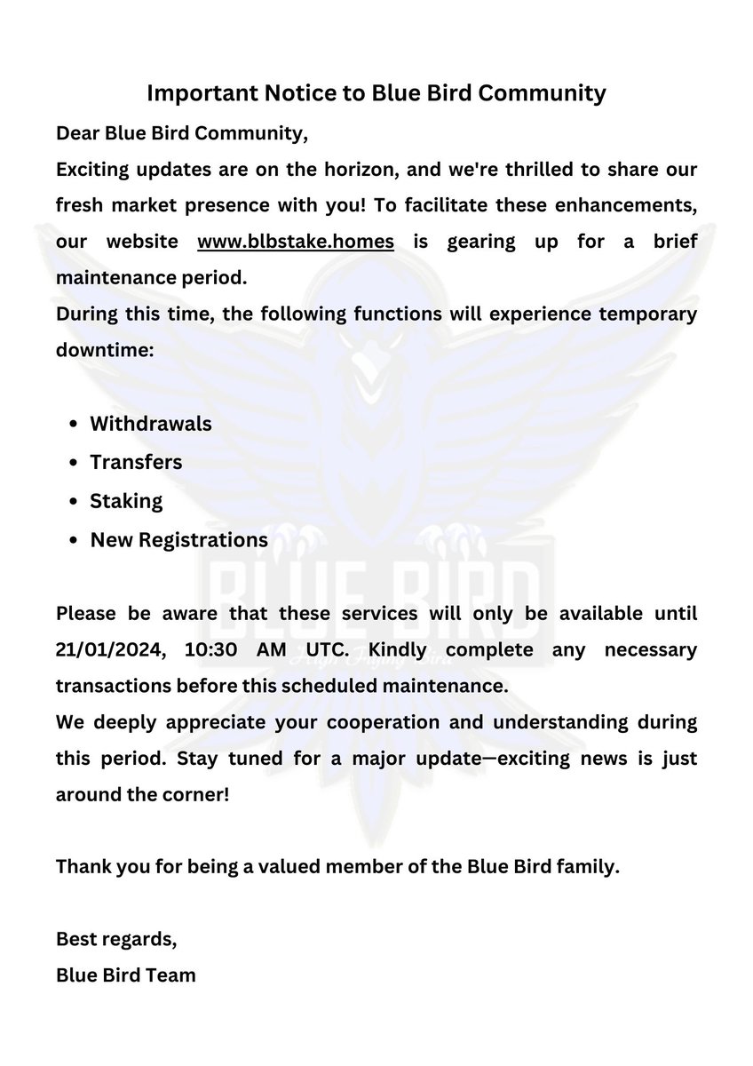 bluebirdblb's tweet photo. Important Notice 📢📢📢

Dear Blue Bird Community,

Exciting updates are on the horizon, and we're thrilled to share our fresh market presence with you! To facilitate these enhancements, our website https://t.co/okBoUx5v8R is gearing up for a brief maintenance period. https://t.co/Yau3gXLSH8