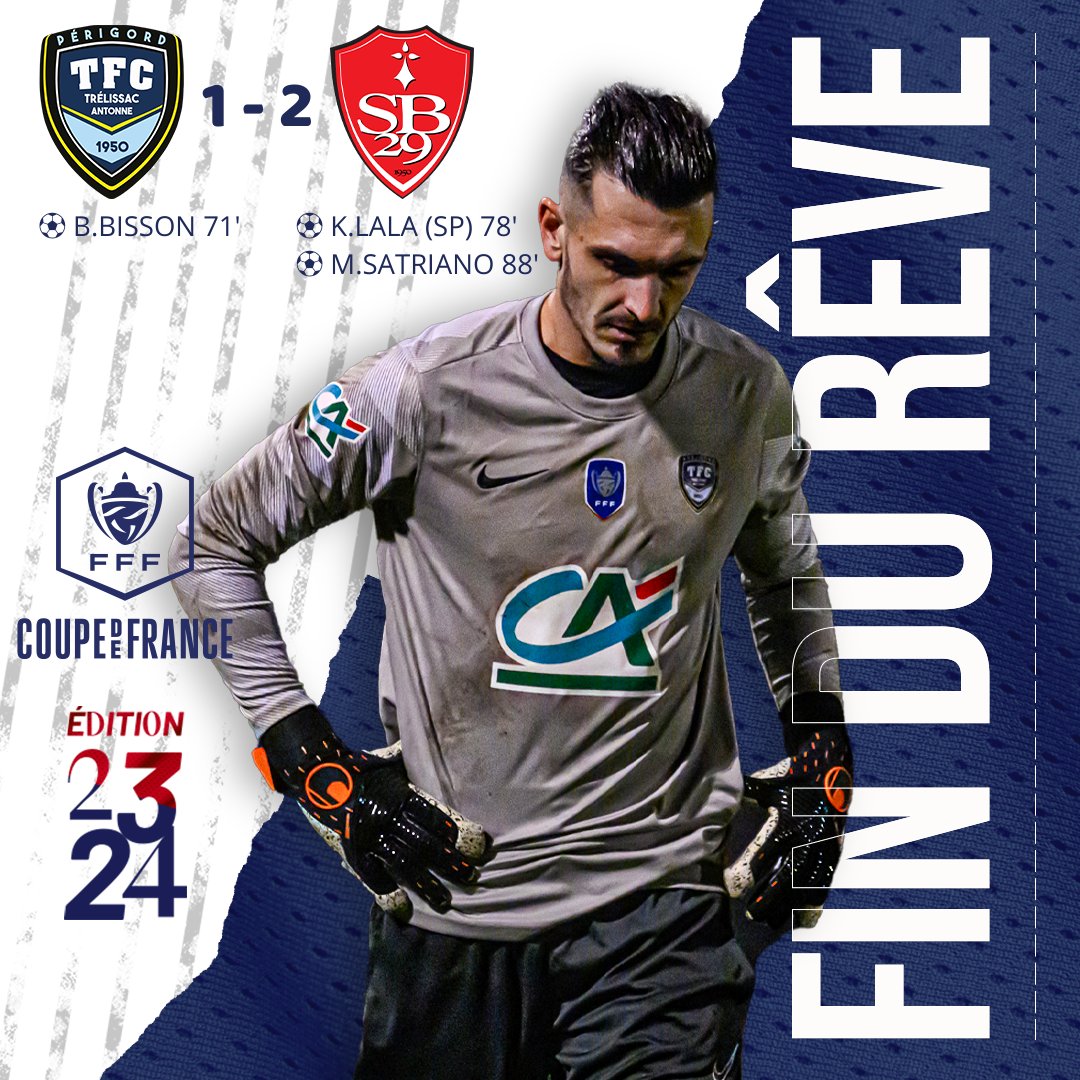 TrelissacFC's tweet photo. [RÉSULTAT #CDF] #TFCSB29 1️⃣ - 2️⃣

Fin de ce magnifique parcours de Coupe de France pour le #TFC qui s'incline 2 petits buts �� 1 face au @SB29 !

Félicitations à nos joueurs pour cette très belle prestation 👏🔵 https://t.co/zExHsXDs7T
