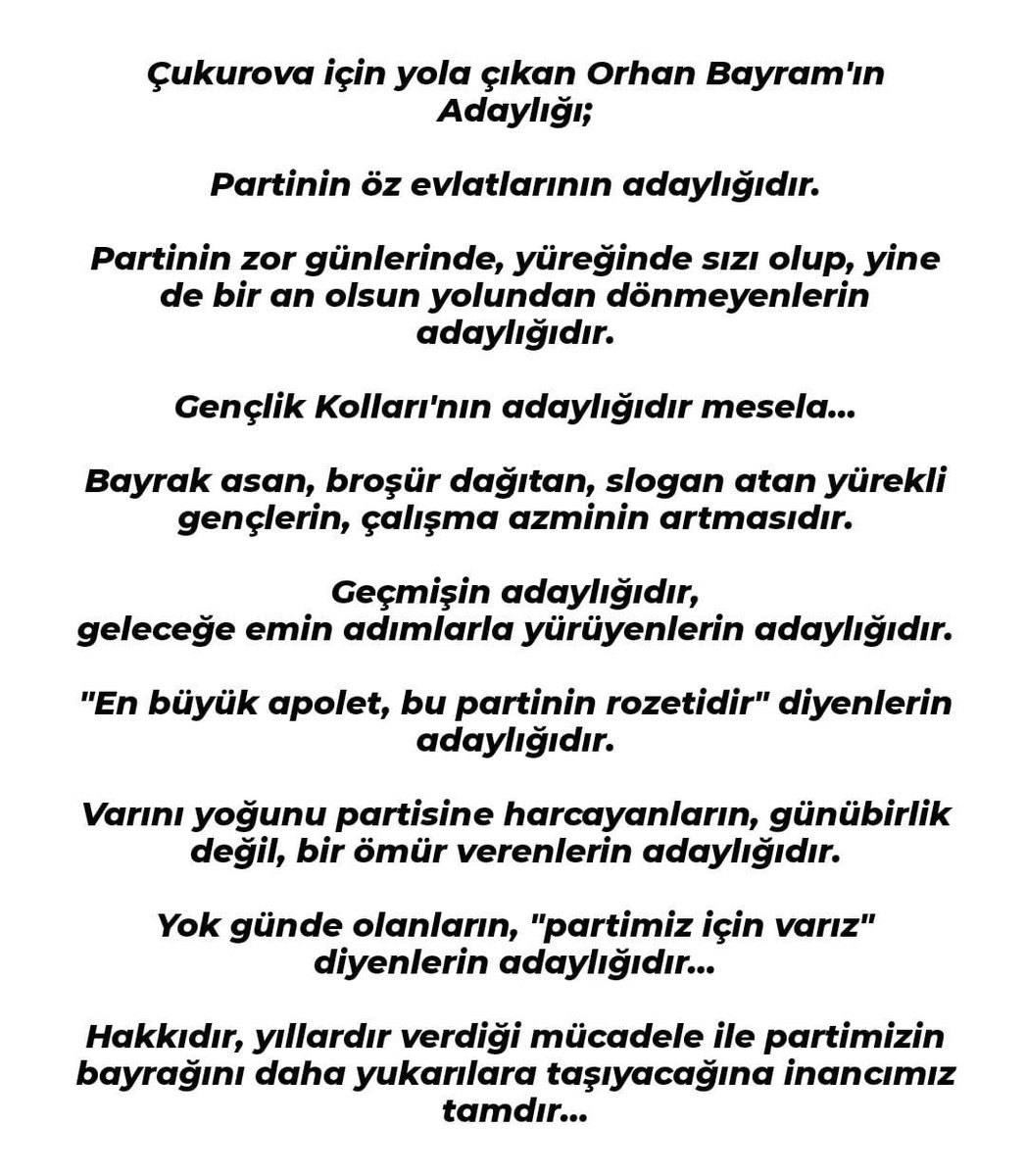 gunermehmet's tweet photo. Çukurova için yola çıkan Orhan Bayram'ın Adaylığı;

Partinin öz evlatlarının adaylığıdır.

Partinin zor günlerinde, yüreğinde sızı olup, yine de bir an olsun yolundan dönmeyenlerin adaylığıdır.

Gençlik Kolları'nın adaylığıdır mesela...

@orhanbayram01 https://t.co/uDS4LcRxvH