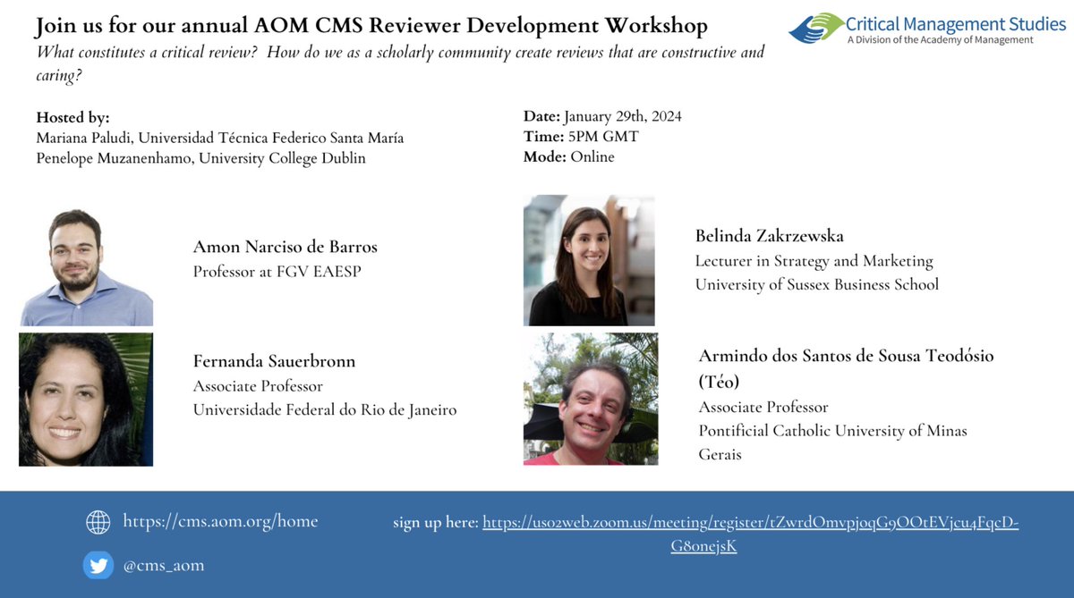 📢📢Join us for our annual virtual AOM CMS Reviewer Development Workshop 🗓️: January 29th, 2024 ⏰: 5PM GMT Registration link here: us02web.zoom.us/meeting/regist…