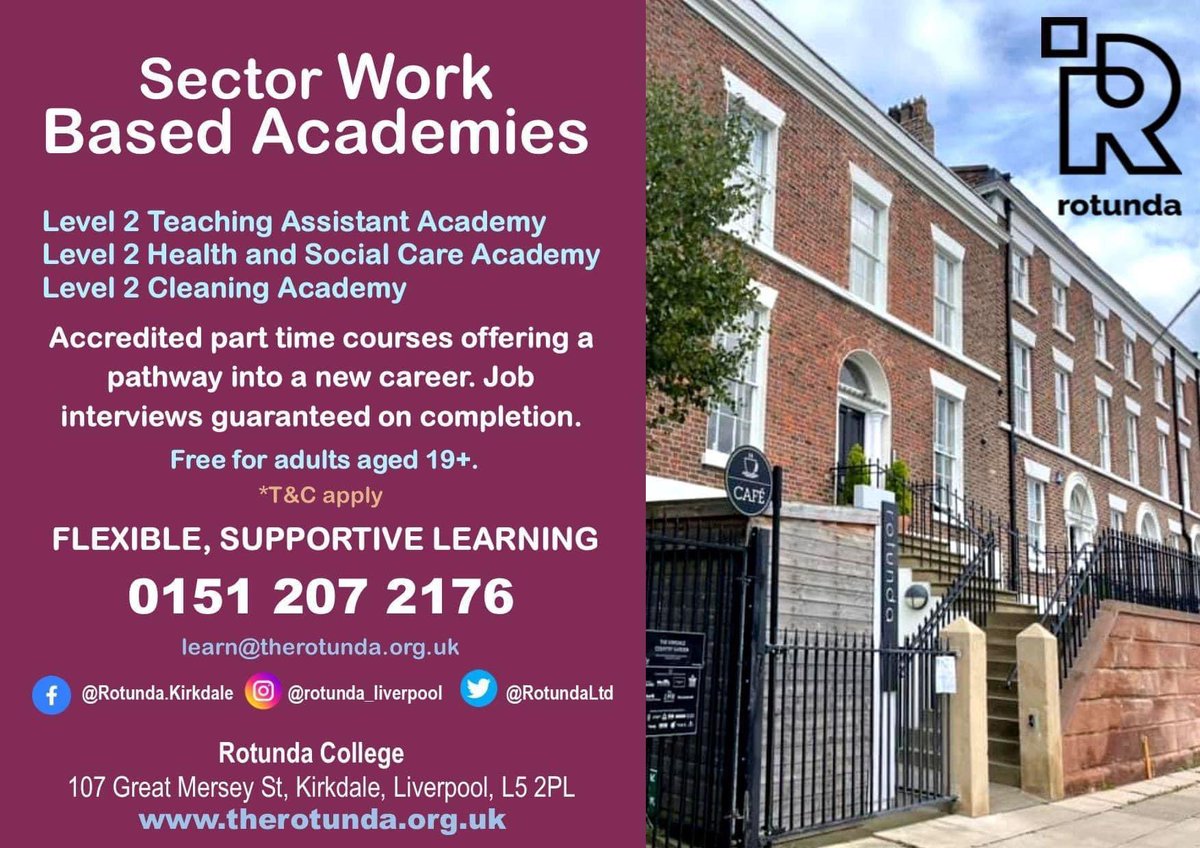Are you looking for a new direction? Need to refresh your skills? 

We are recruiting for Level 2 sector work based Academy courses:
🟣Teaching Assistant Academy
🟣Health and Social Care Academy
🟣Cleaning Academy

📞01512072176
💻therotunda.org.uk/course-applica…

#liverpoolcityregion