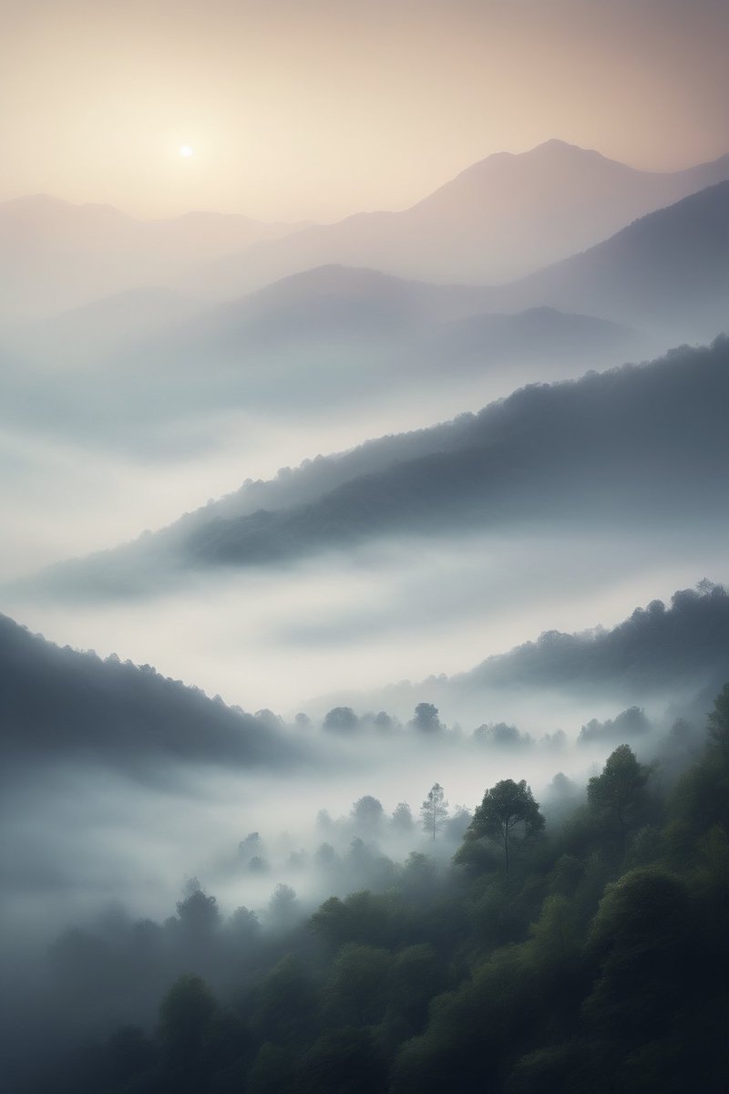 🌄🏔️ Misty mountain mornings are like a dream! Soft sun, haze, and magic noise make the peaks dance! 📸💫 #MountainDreams #SunriseWonders