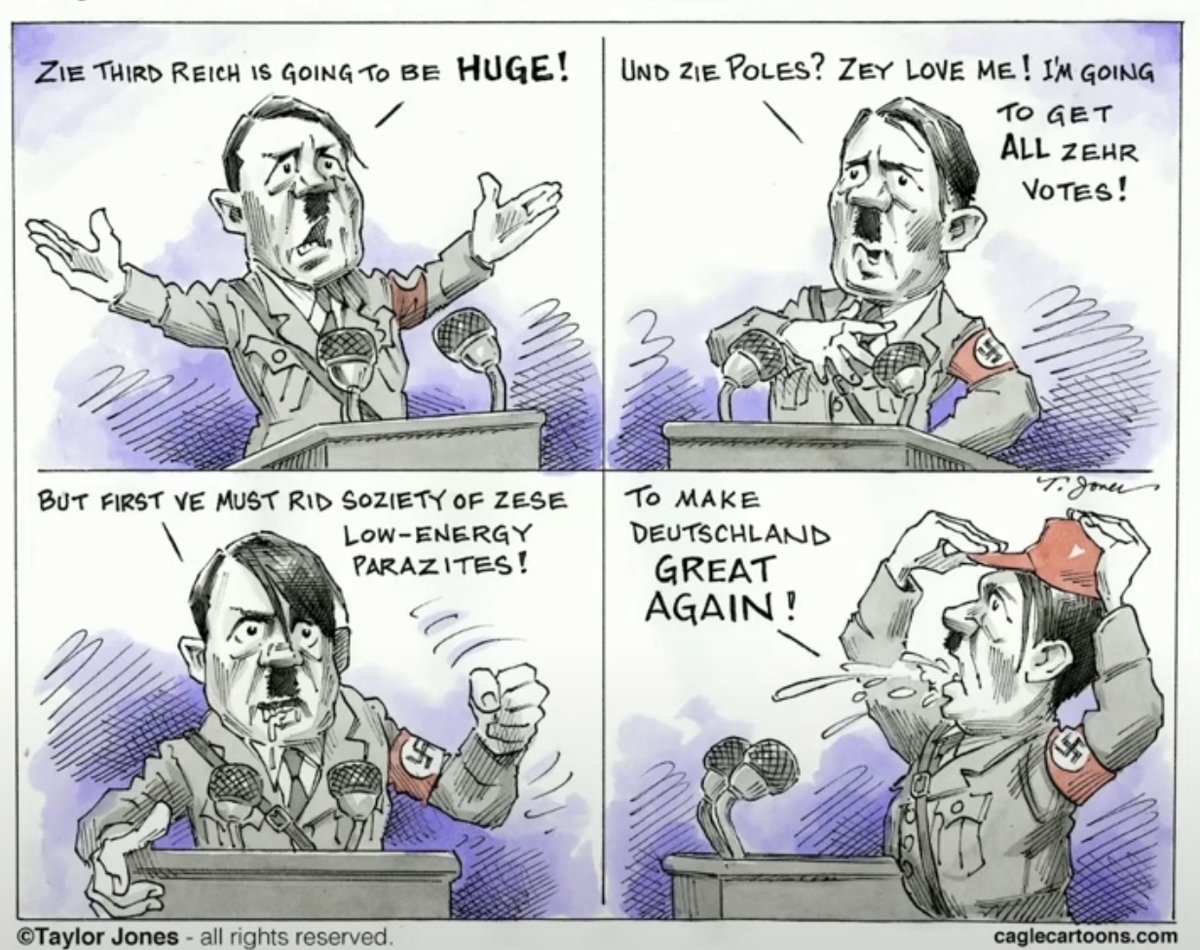 This is the first in a series of political cartoons depicting Trump as Hitler. Or, as in this one, Hitler as Trump. Believe it or not, this cartoon was published in 2015. Prescient! #ProudBlue