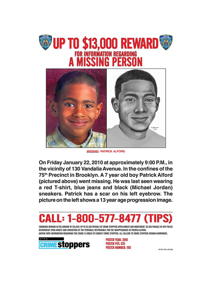 On 01/22/2010 at approx-9:00PM, 7YO Patrick Alford went missing near Vandalia Ave &amp; Ardsley Loop #Brooklyn #NY Patrick has a scar over his left eyebrow.  Photo and an age progression image (See MP Flyer) #Missing #NYPD