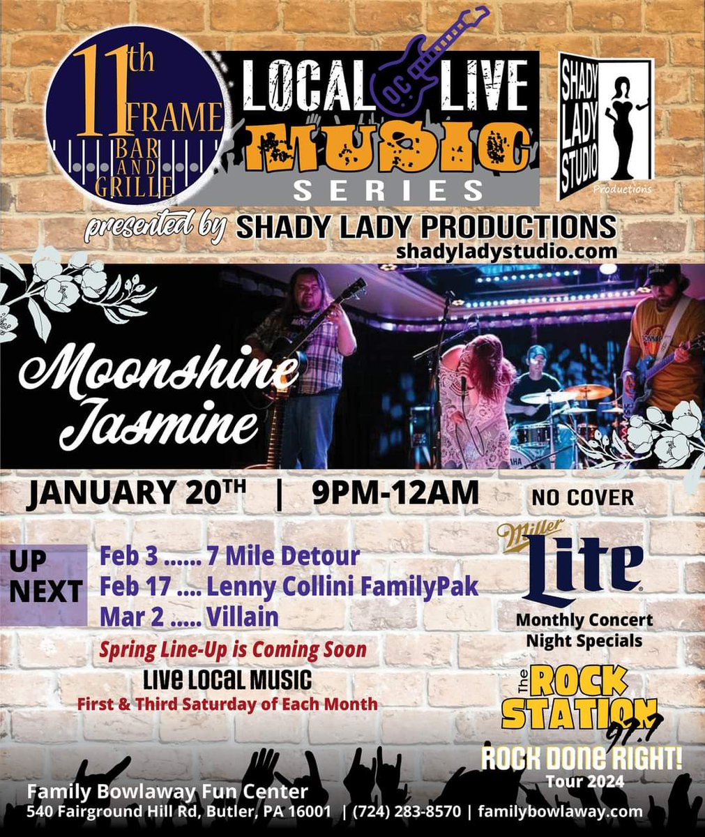 Tonight at the 11th Frame in Butler... Moonshine Jasmine