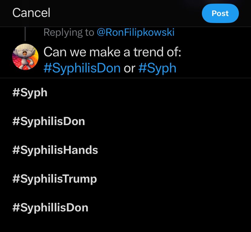 PattyBogart's tweet photo. @RonFilipkowski Can we make a trend of: #SyphilisDon or… 🤦🏻‍♀️ 
# oops already done 😎 https://t.co/x9fqDztSal