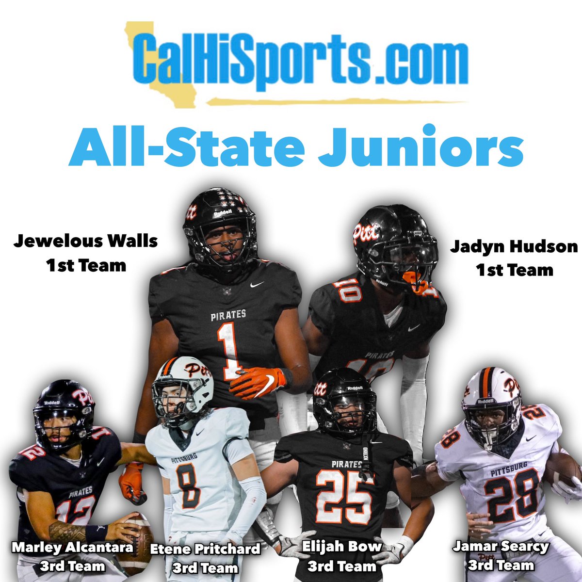 All-State! Congrats to @JujuWalls @JadynHudson2 @MarleyAlcantar2 @EtenePritchard @elijah_bow25 @JamarSearcy for being selected to the All-State Juniors team by @CalHiSports! 2024 here we come! #HoistTheColors🏴‍☠️ #100YearsOfWinning #WhosNext #PITT 🏴‍☠️🏈🅿️🌎🏈🏴‍☠️