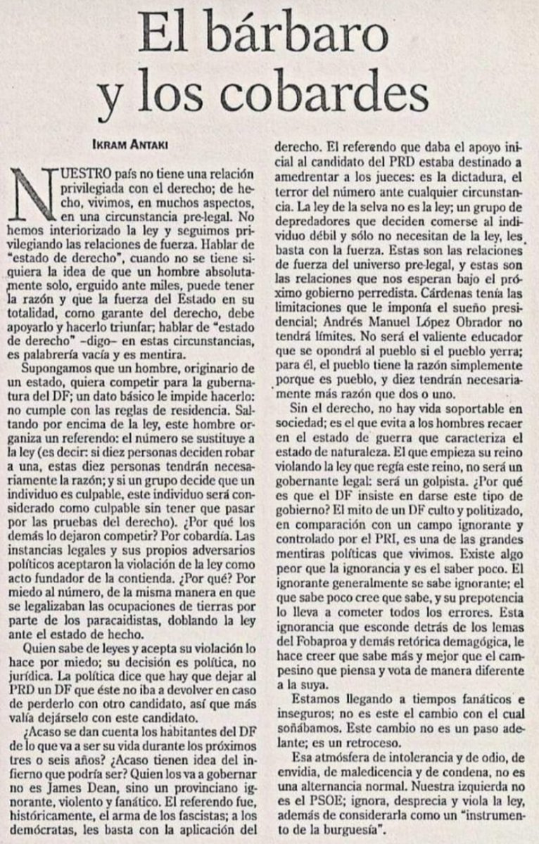 Nunca voté por Amlo pues a poco de conocerlo me pareció un populista ant- demócrata.
Pero nadie como la gran Ikram Antaki percibió con tanta anticipación y claridad lo que se nos venía encima. 
Lo vio desde el 2000.  
👇👇👇👇
