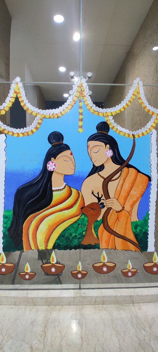 saswats's tweet photo. Amazing art work being created by my wife and her friends to celebrate #PranPratishthaRamMandir . She turned entire lobby of  our building in Nahar Amrit Shakti into an impressive art gallery! 

#JaiShreeRam #AyodhaRamMandir #powai @narendramodi @mieknathshinde   @Mi_DilipLande https://t.co/DqWYEMwFck