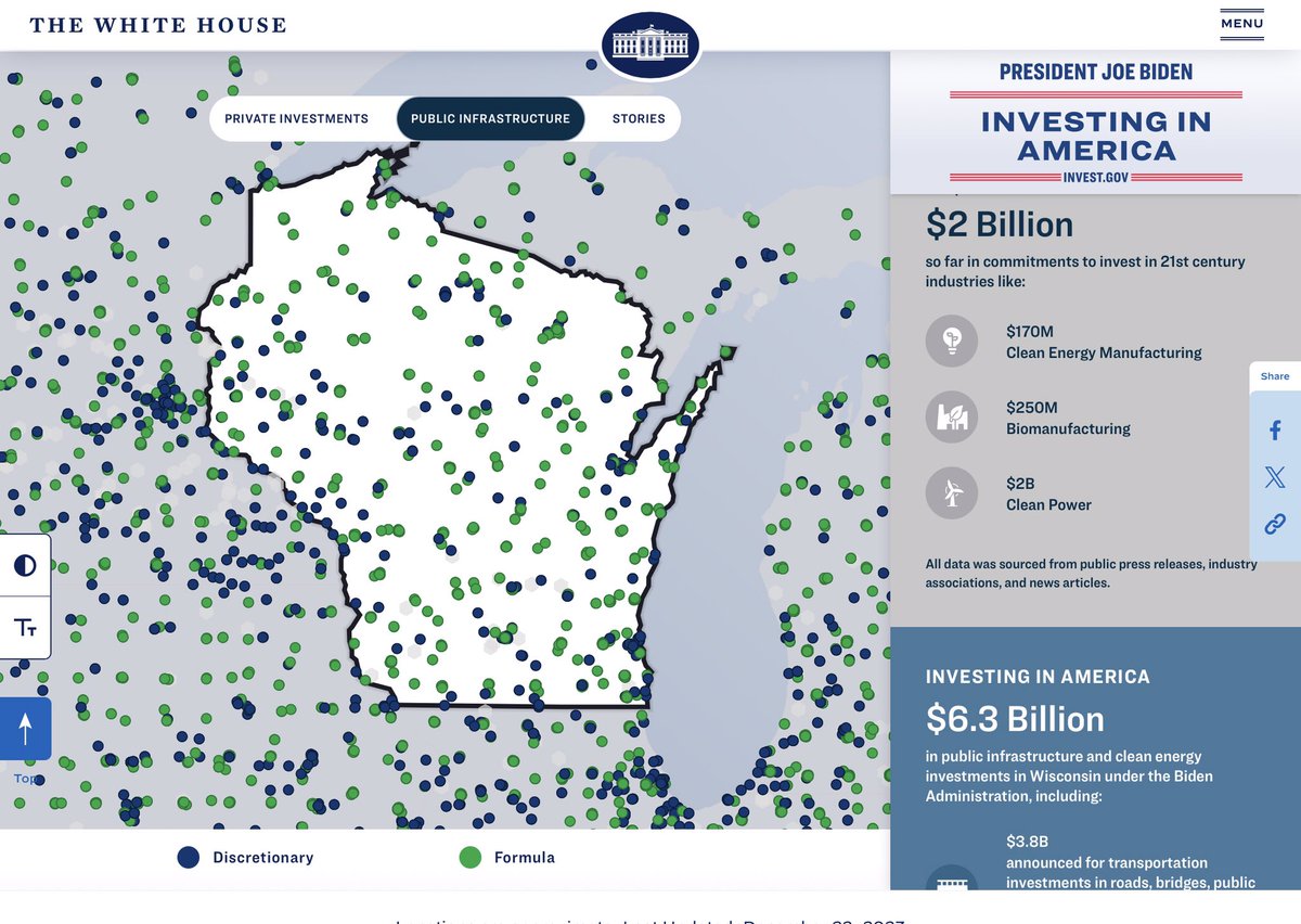 WISCONSIN — What has Joe Biden done for you? Every dot is an infrastructure project in your state, with billions being spent on: -Clean Energy Manufacturing -Biomanufacturing -Clean Power -Roads & Bridges -Public Transportation -Clean Water -High Speed Internet #BuildBackBetter