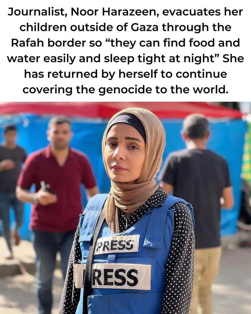 EyeonPalestine's tweet photo. Journalist, Noor Harazeen , evacuates her children outside of Gaza through the Rafah border so “they can find food and water easily and sleep tight at night” She has returned by herself to continue covering the genocide to the world. https://t.co/vceIZ7IWgF
